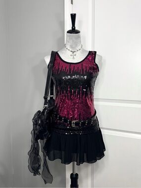 NWT Y2K Bitter Sweet Black & Pink Pixelated Sequin Tank Top